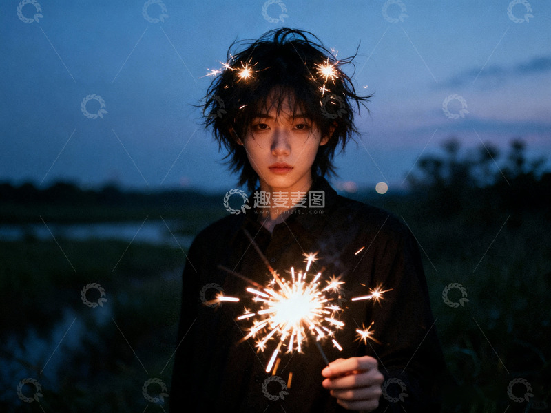 高清大图下载【趣麦麦图】帅酷女孩仙女棒烟火7