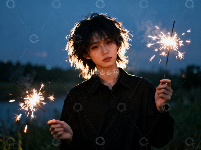 高清大图下载【趣麦麦图】帅酷女孩仙女棒烟火1