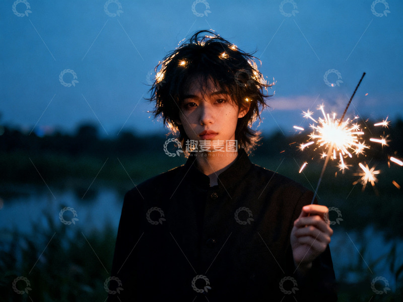 高清大图下载【趣麦麦图】帅酷女孩仙女棒烟火