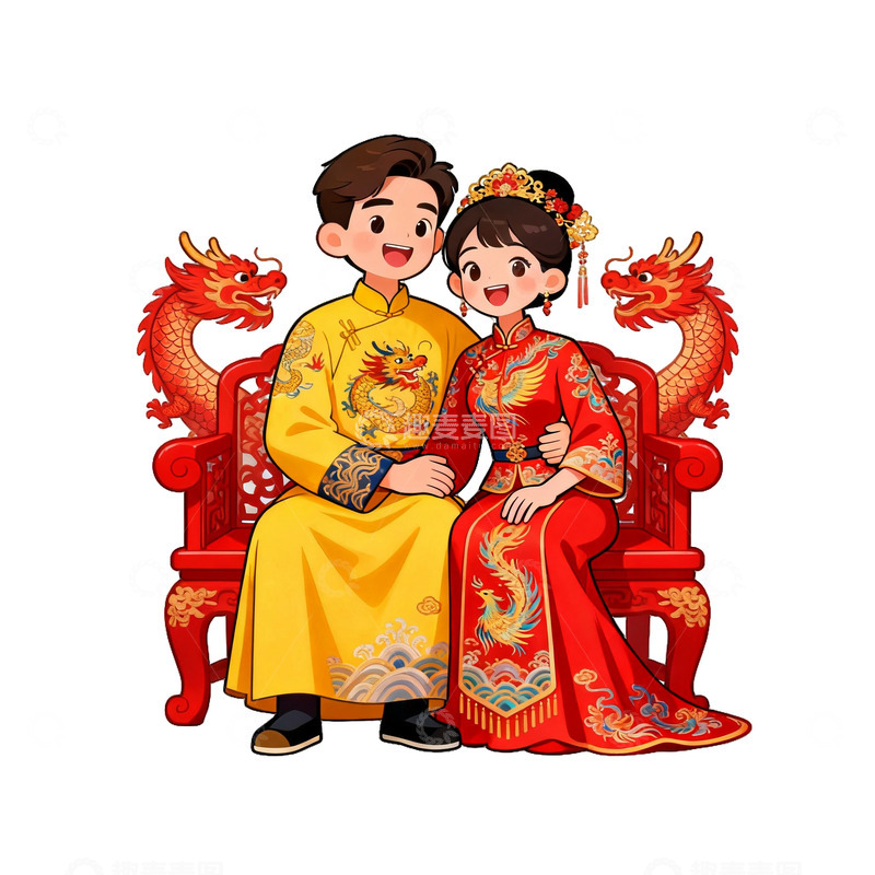 高清大图下载【趣麦麦图】传统中式婚礼卡通人物插画