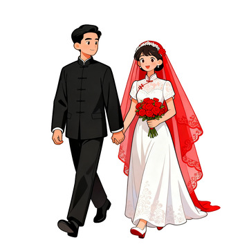 卡通中式婚礼新人插画