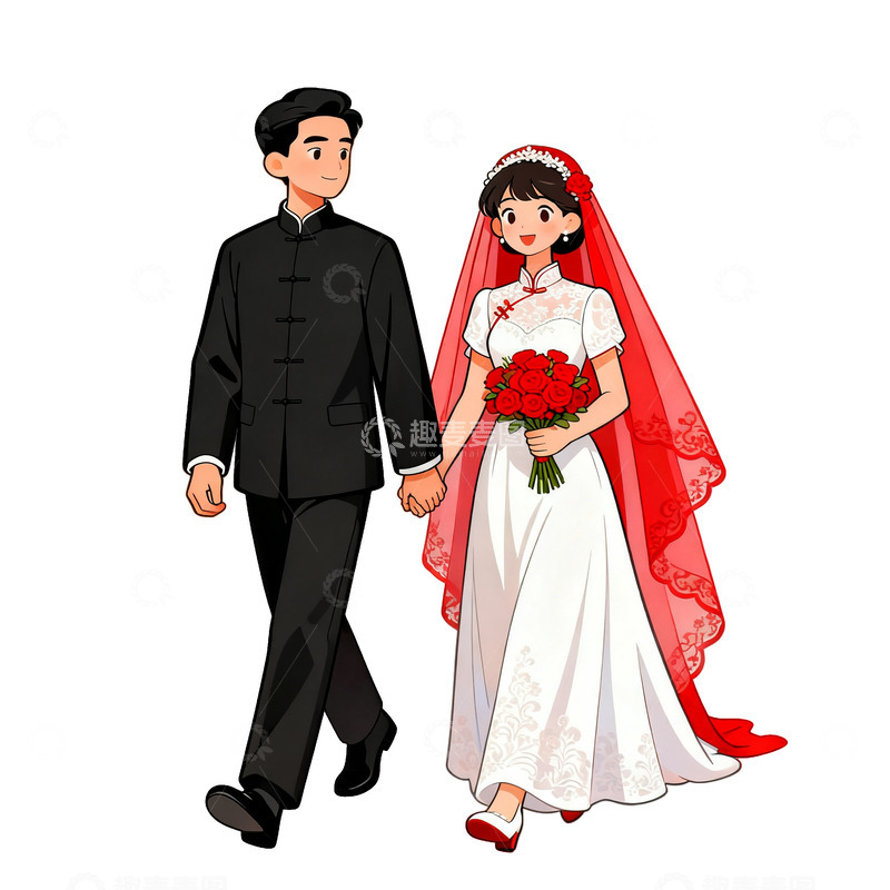 高清大图下载【趣麦麦图】卡通中式婚礼新人插画