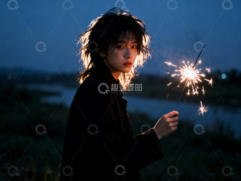 高清大图下载【趣麦麦图】帅酷女孩仙女棒烟火6