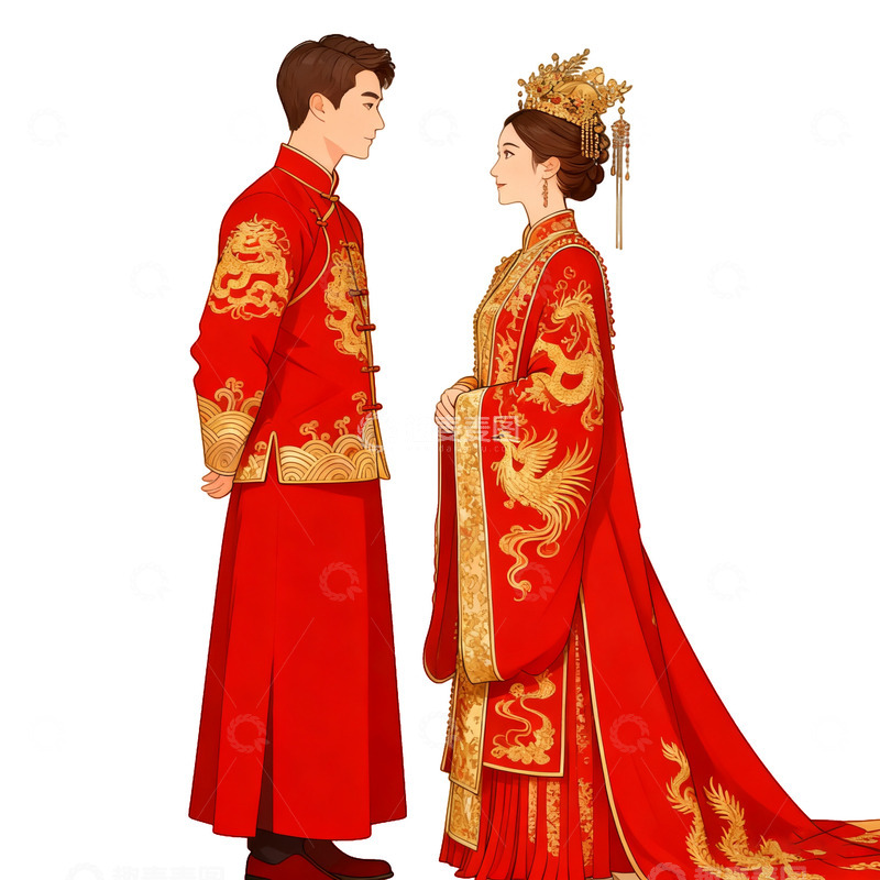 高清大图下载【趣麦麦图】传统中式婚礼服饰插画
