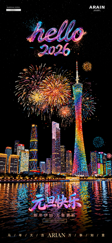 2026新年元旦跨年烟花夜景节日海报