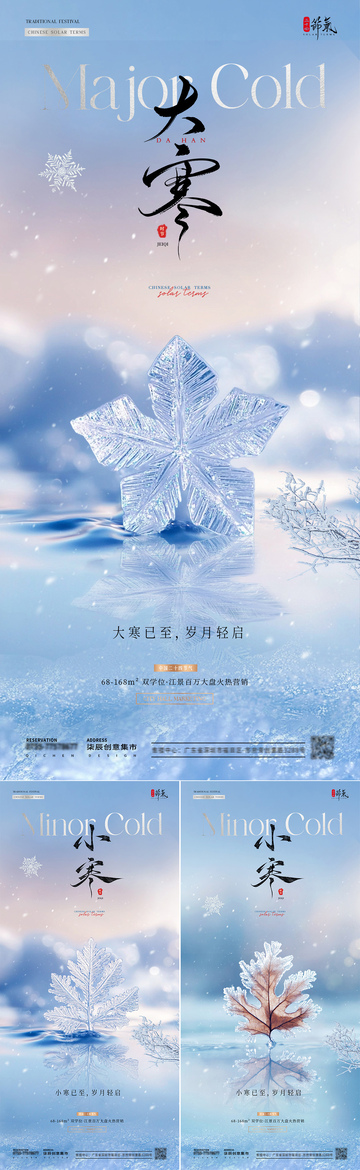 地产小寒大寒雪花风景海报