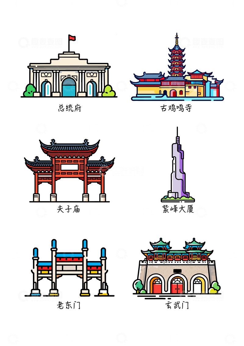 源文件下载【趣麦麦图】-南京 地标建筑手绘插画^为创冰箱贴玄武门