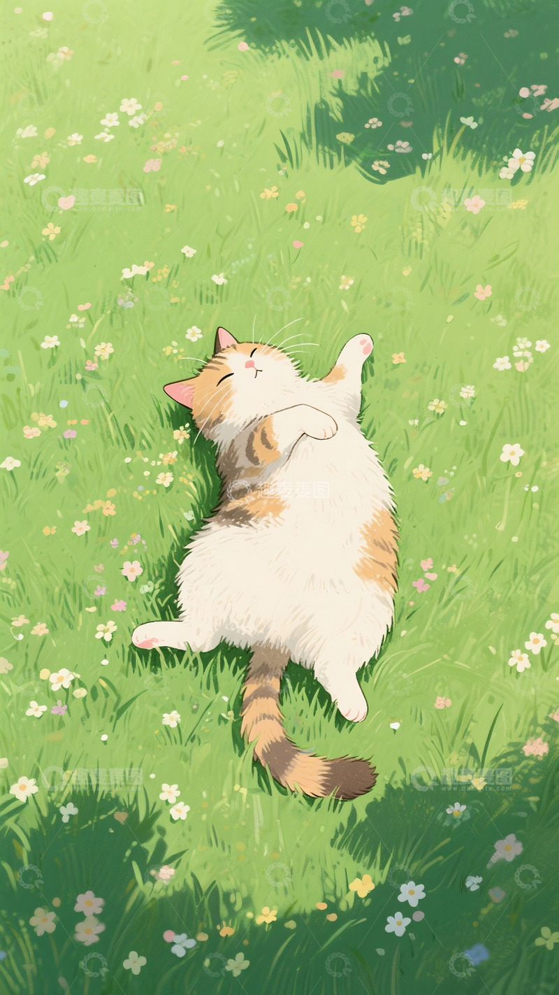 高清大图下载【趣麦麦图】花海草坪上彻底摊平的慵懒橘猫