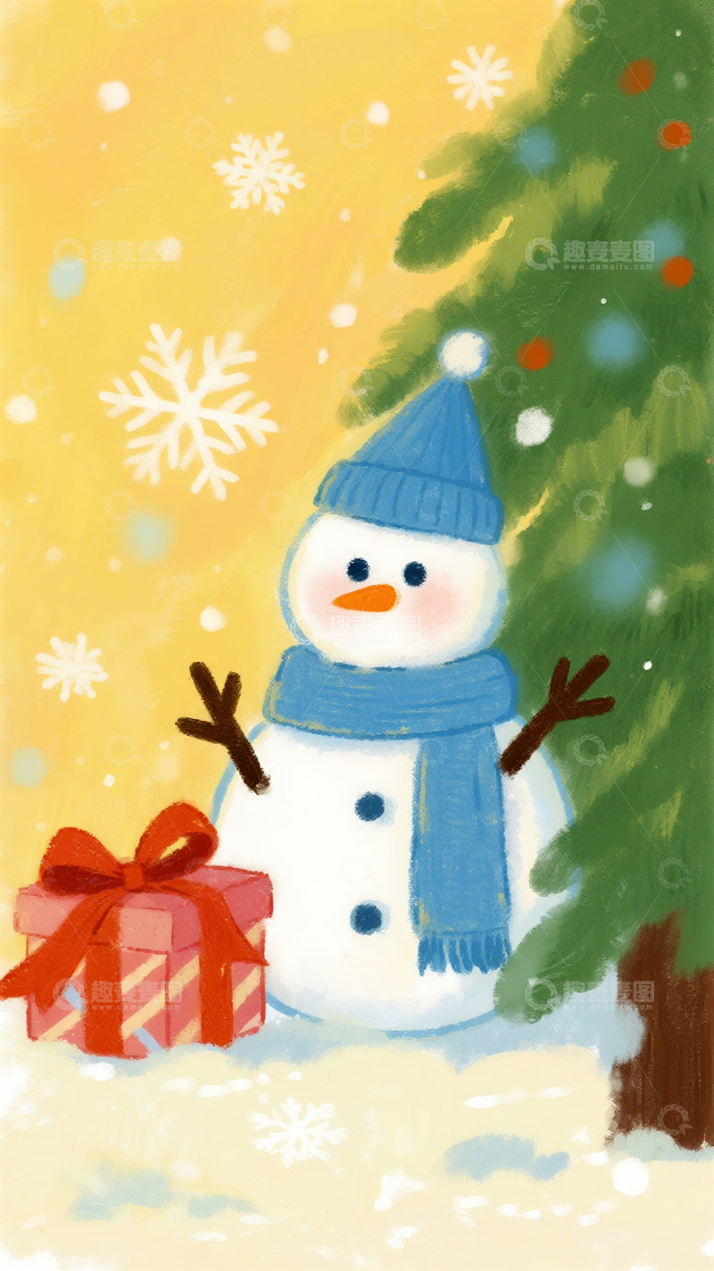 高清大图下载【趣麦麦图】暖光下裹着蓝围巾的冬日雪人