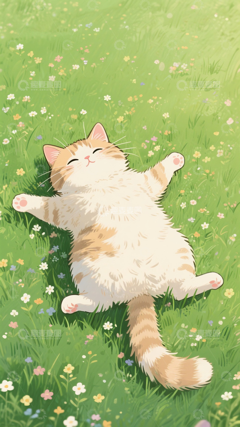 高清大图下载【趣麦麦图】春日花海中贪睡的橘白小猫