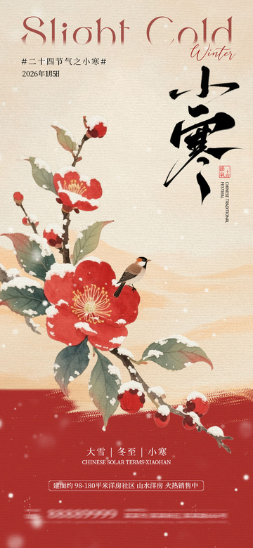 古风水墨小寒节气海报