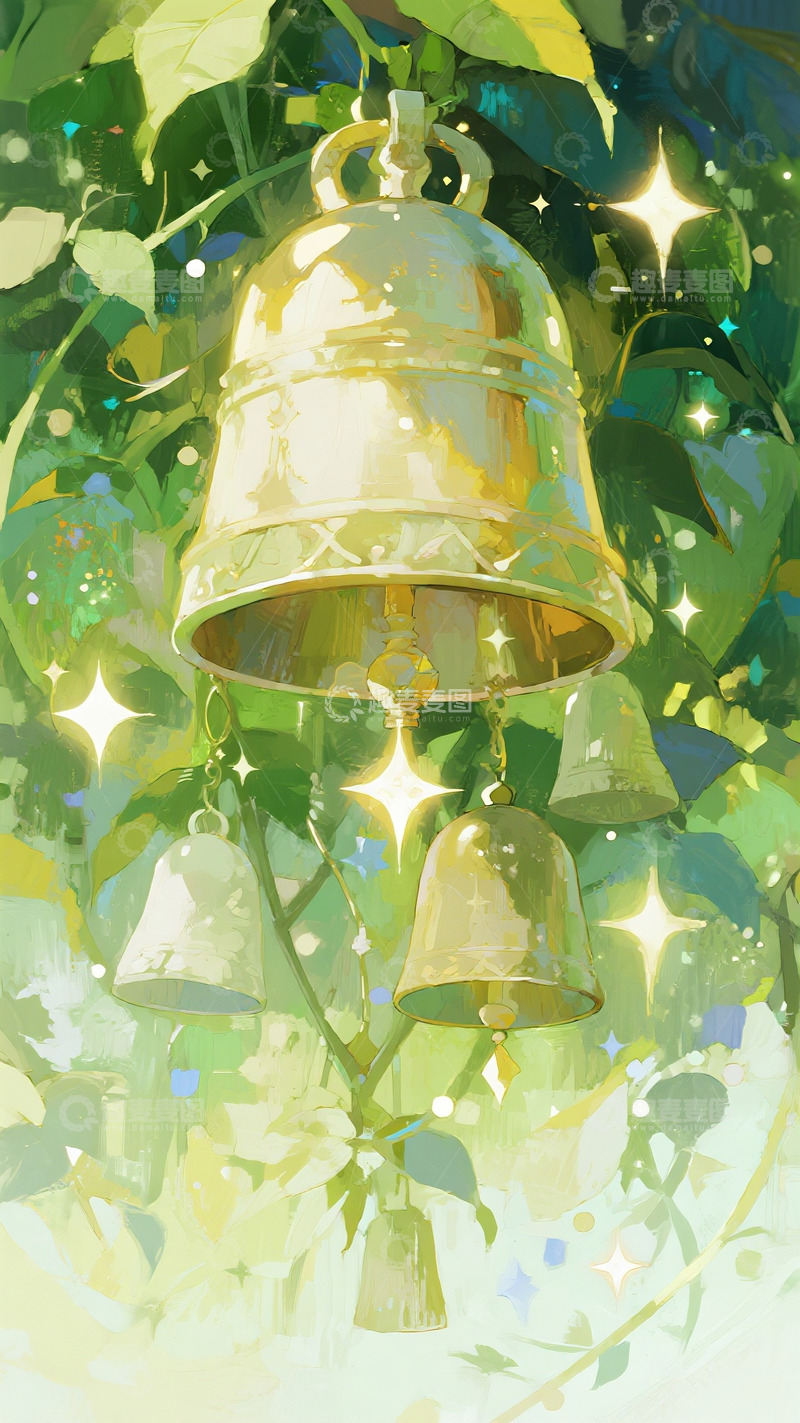 高清大图下载【趣麦麦图】藤蔓间泛着星光的金色铃铛