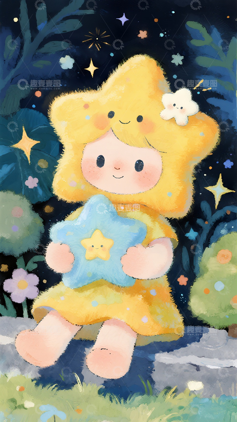 高清大图下载【趣麦麦图】暗夜丛林里抱着星星的毛茸女孩