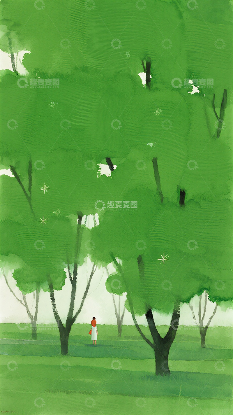 高清大图下载【趣麦麦图】绿意森林里仰望星光的红衣女孩