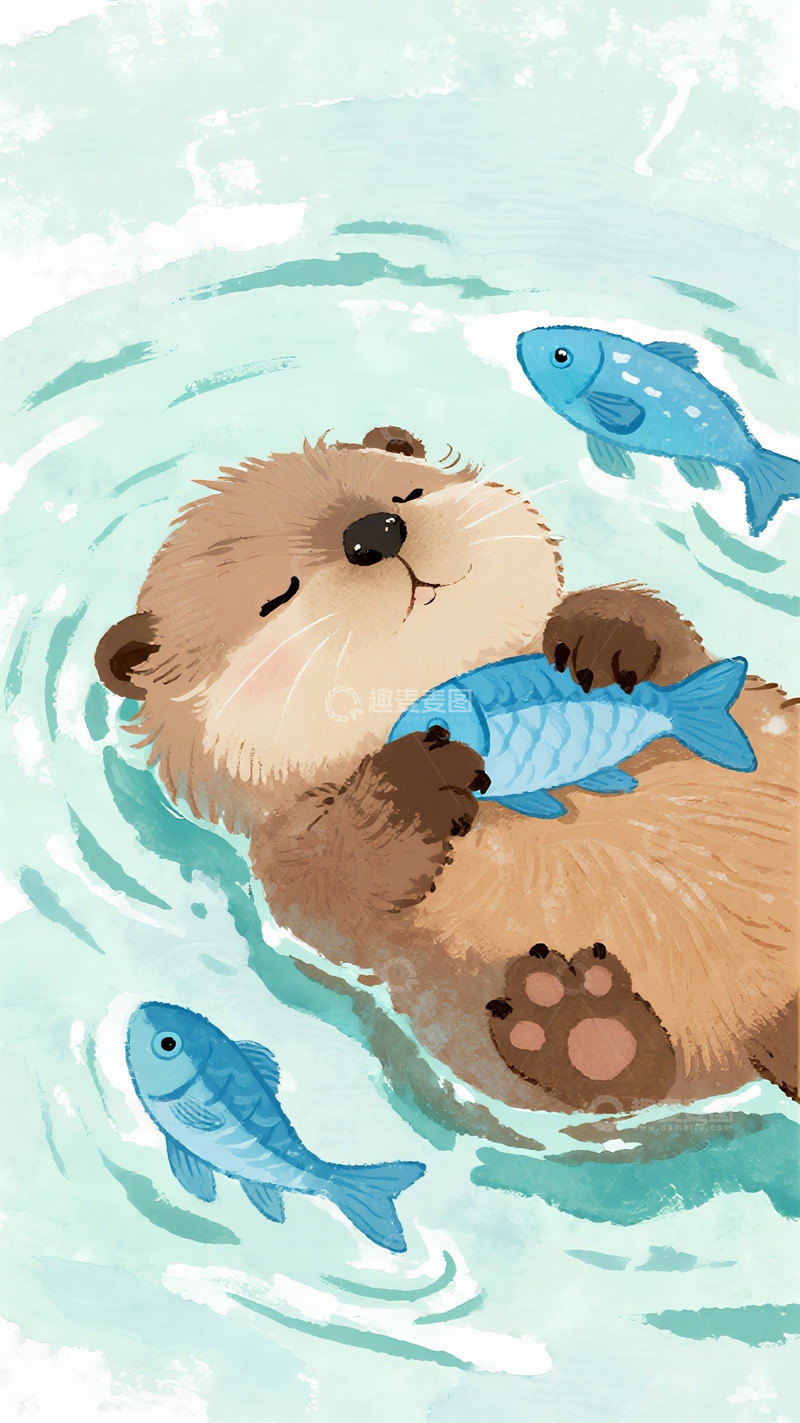 高清大图下载【趣麦麦图】河面上抱着鱼悠闲漂浮的水獭