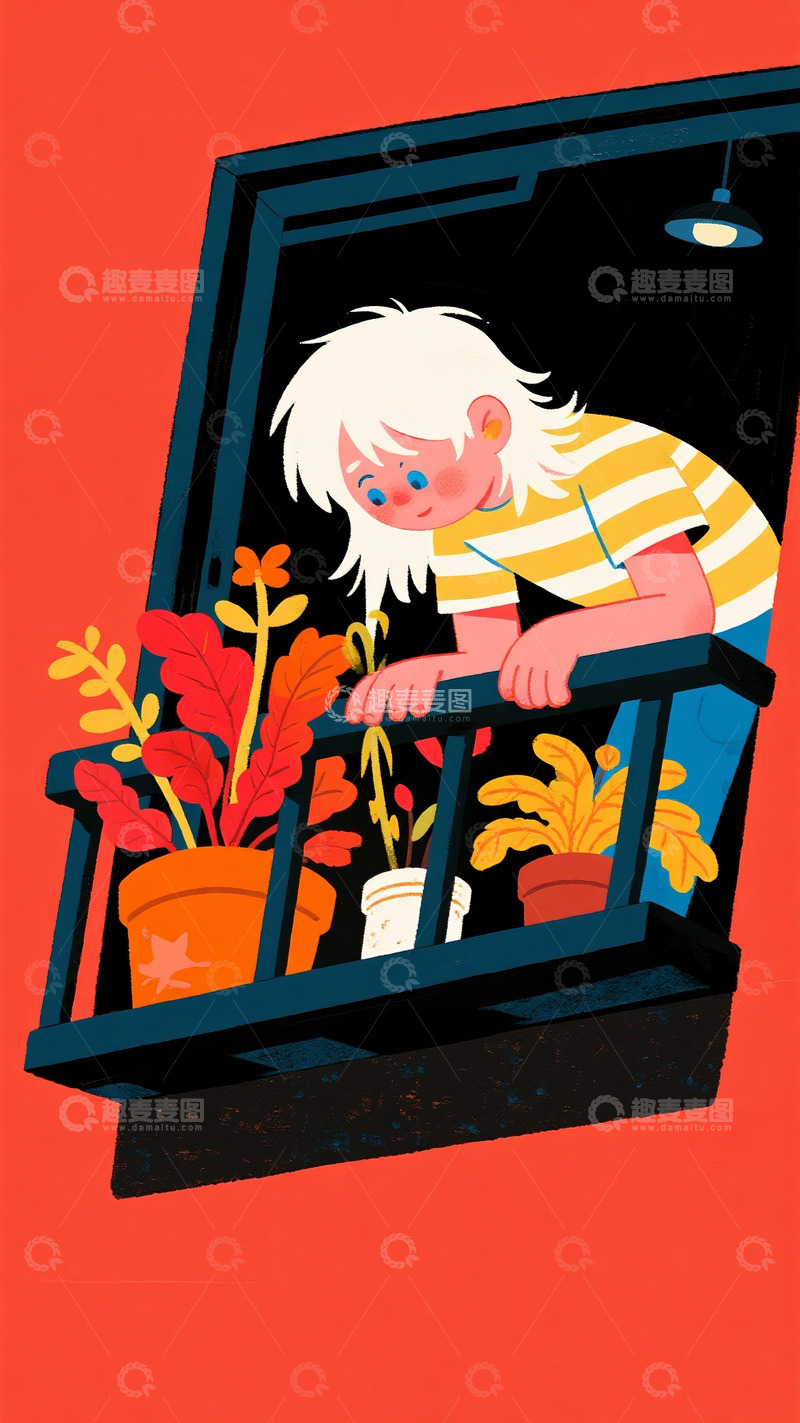 高清大图下载【趣麦麦图】红墙窗台边俯身照料绿植的女孩