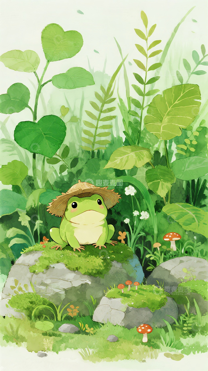 高清大图下载【趣麦麦图】绿意丛林石上戴草笠的软萌青蛙