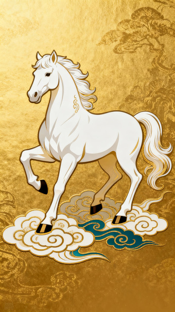 金箔背景下踏祥云的祥瑞白马