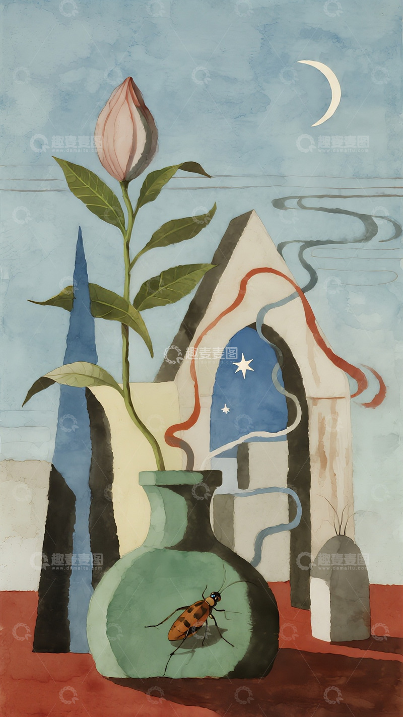 高清大图下载【趣麦麦图】超现实画风里的瓶花与建筑意象