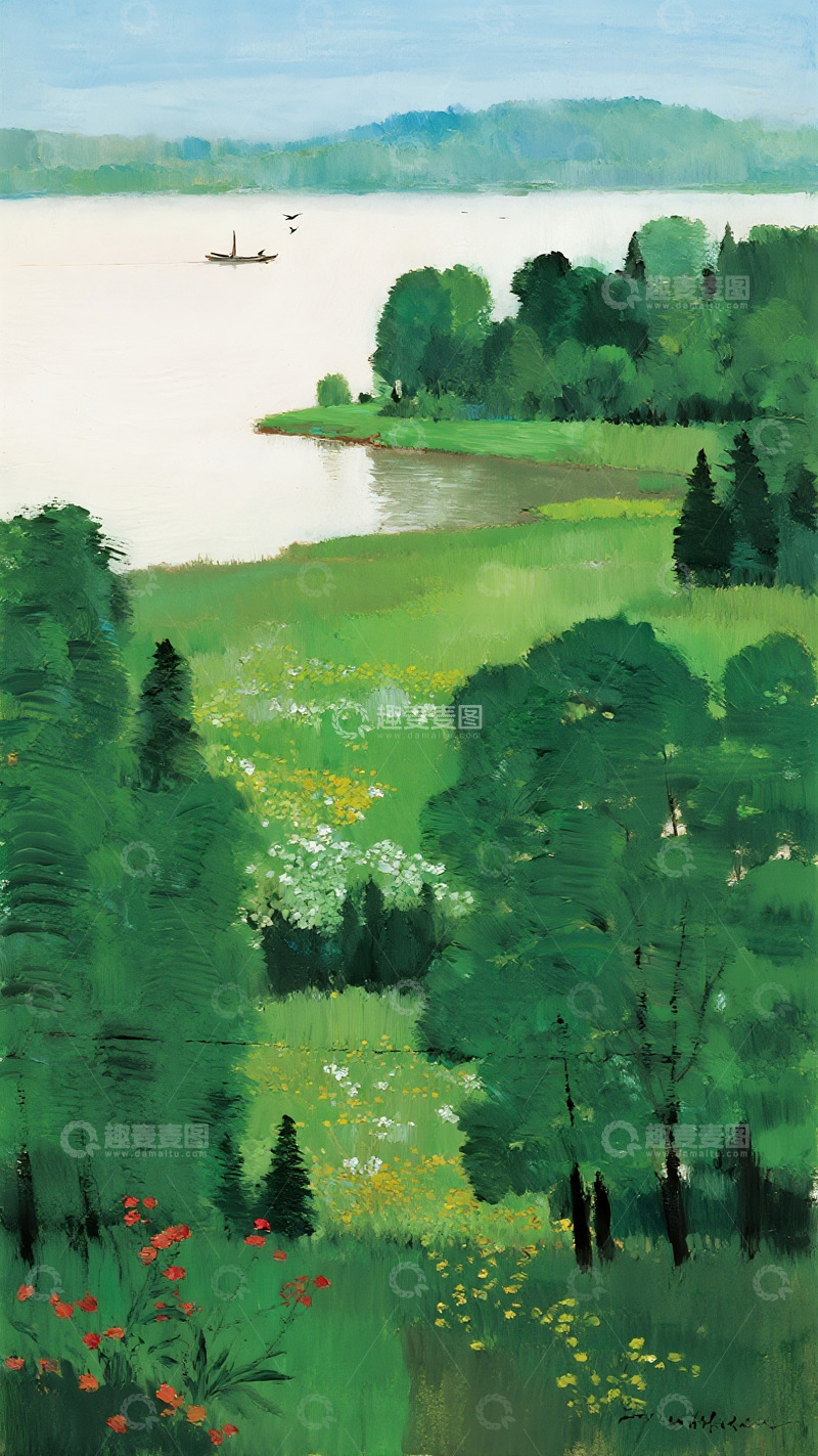 高清大图下载【趣麦麦图】湖畔春野间缀满繁花的油画秘境