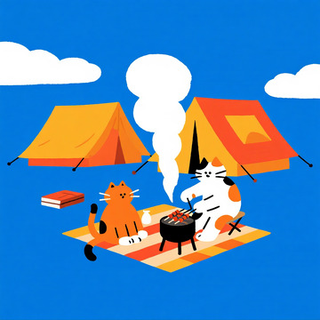 帐篷旁围炉撸串的可爱猫咪伙伴