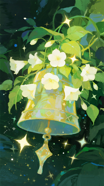 星芒环绕中被白花簇拥的金色铃铛