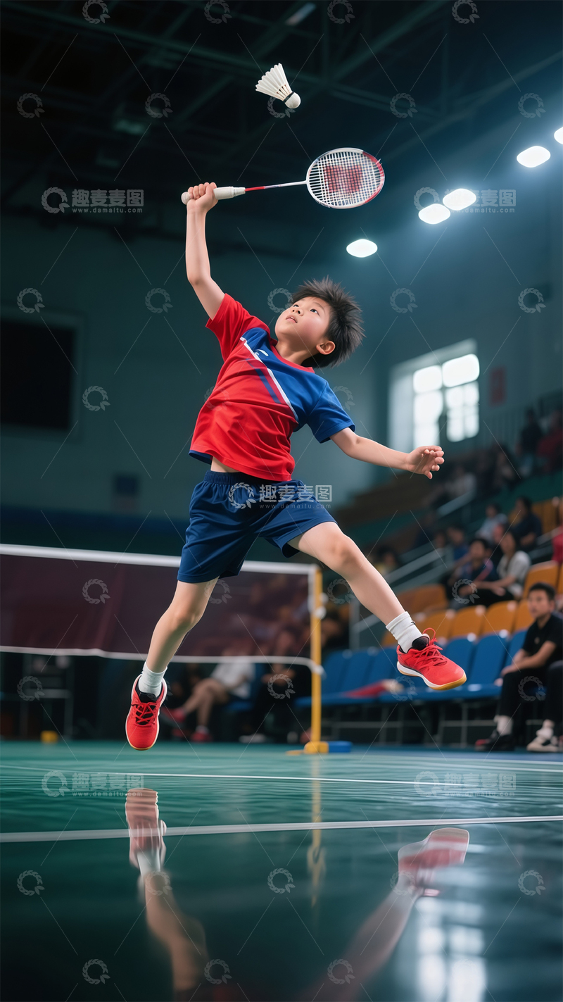 高清大图下载【趣麦麦图】羽毛球少年跳跃瞬间运动摄影