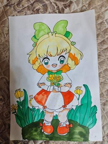 卡通少女花卉插画