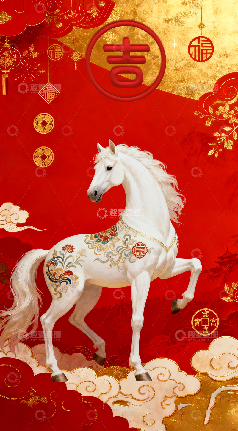 源文件下载【趣麦麦图】红色喜庆国潮中国风骏马马年海报1