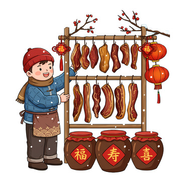 卡通新年腊肉挂架场景