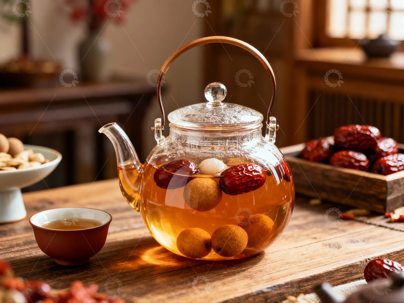 高清大图下载【趣麦麦图】玻璃茶壶桂圆红枣茶