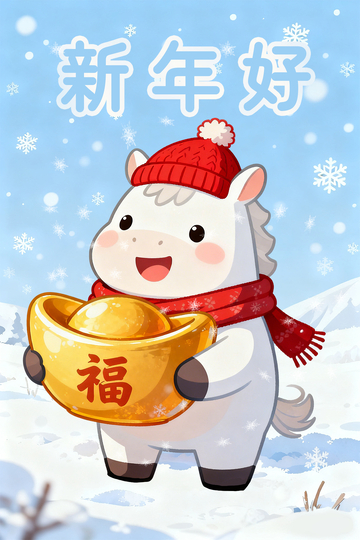 蓝色雪花可爱小马恭贺新年马年海报