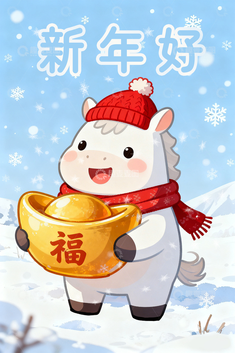 源文件下载【趣麦麦图】蓝色雪花可爱小马恭贺新年马年海报