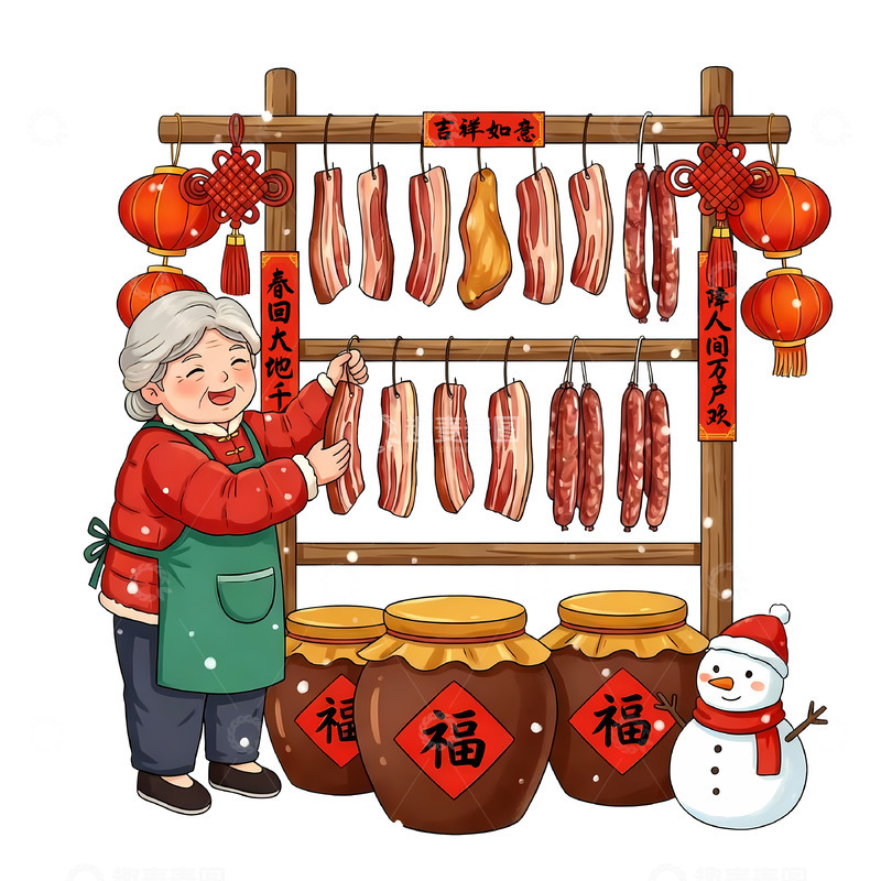 高清大图下载【趣麦麦图】-新年春节猪肉腊味插画