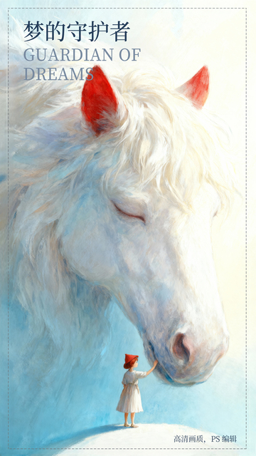 梦幻白马守护孩童插画