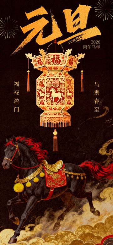 喜庆元旦骏马灯笼装饰画