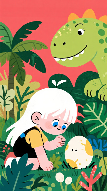 红底丛林里女孩与恐龙的温柔相遇