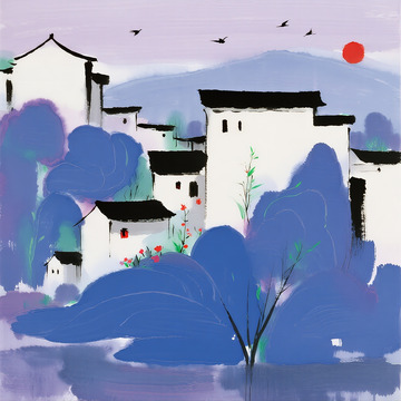 蓝调水墨中的白墙宅院与飞鸟