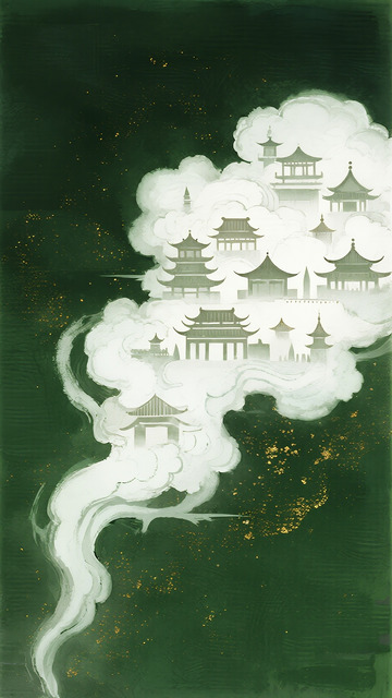 墨绿背景中云雾裹着的古建群