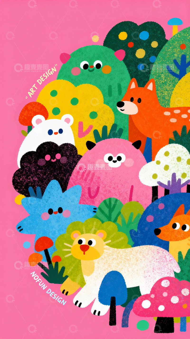 高清大图下载【趣麦麦图】粉底丛林里挤作一团的萌趣生物