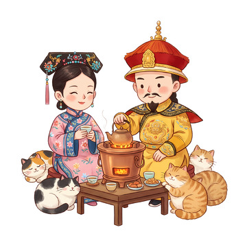 宫廷风情侣围炉煮茶喝茶插画