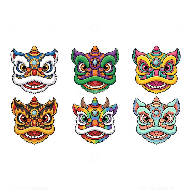 高清大图下载【趣麦麦图】-彩色传统舞狮面具矢量素材