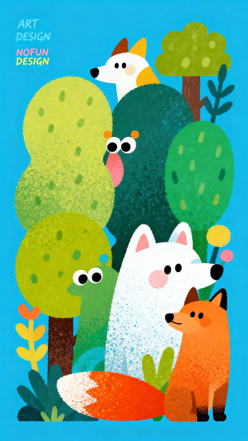 蓝底丛林里挤作一团的萌趣生物