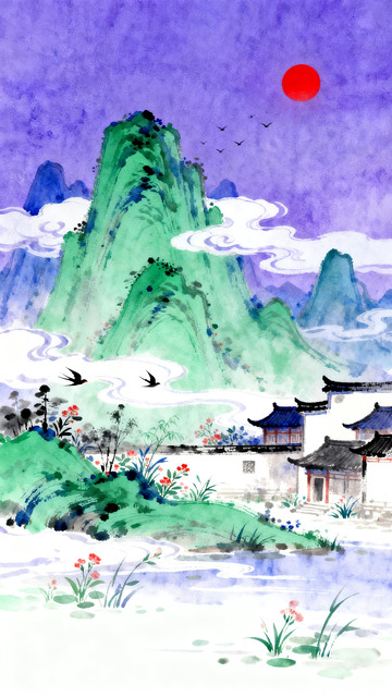 紫调水墨里的青山宅院与红阳