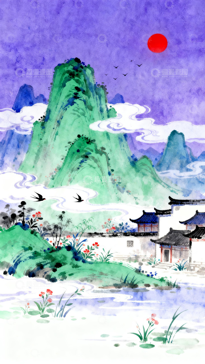 高清大图下载【趣麦麦图】紫调水墨里的青山宅院与红阳
