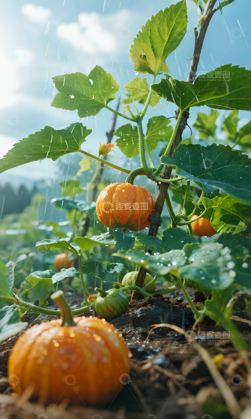 高清大图下载【趣麦麦图】-雨中南瓜田园风光摄影
