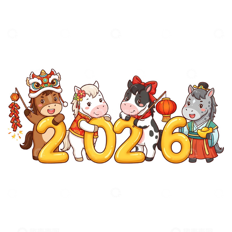 高清大图下载【趣麦麦图】-卡通牛年庆祝2026新年插画