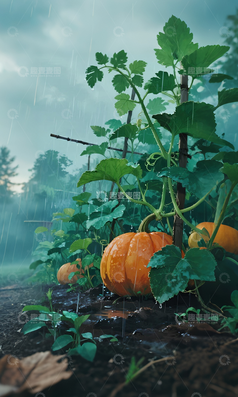 高清大图下载【趣麦麦图】-雨中南瓜园景观摄影