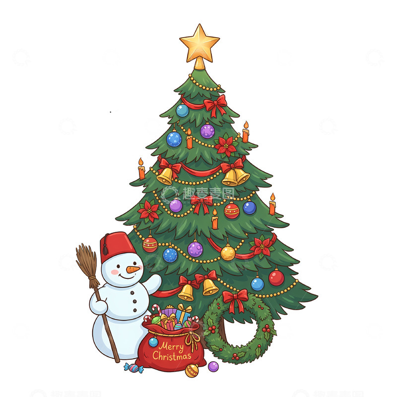高清大图下载【趣麦麦图】卡通圣诞节雪人圣诞树贴纸