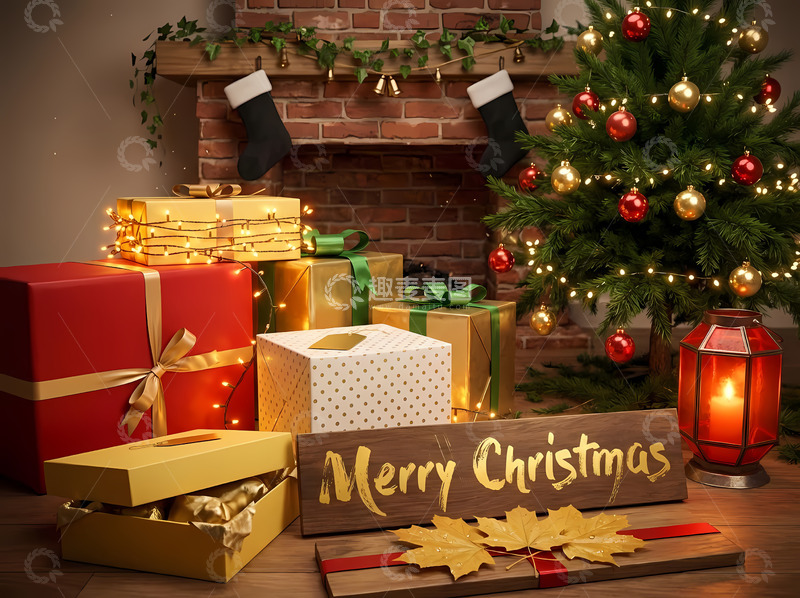 高清大图下载【趣麦麦图】圣诞树礼物温馨场景